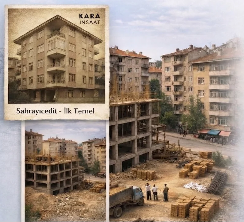 1987, Kadıköy Sahrayıcedit'te Kara İnşaat'ın ilk projeleri — tamamlanan bina ve şantiye aşamaları